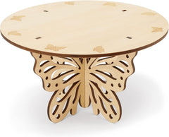 Wooden table with butterfly design on a white background