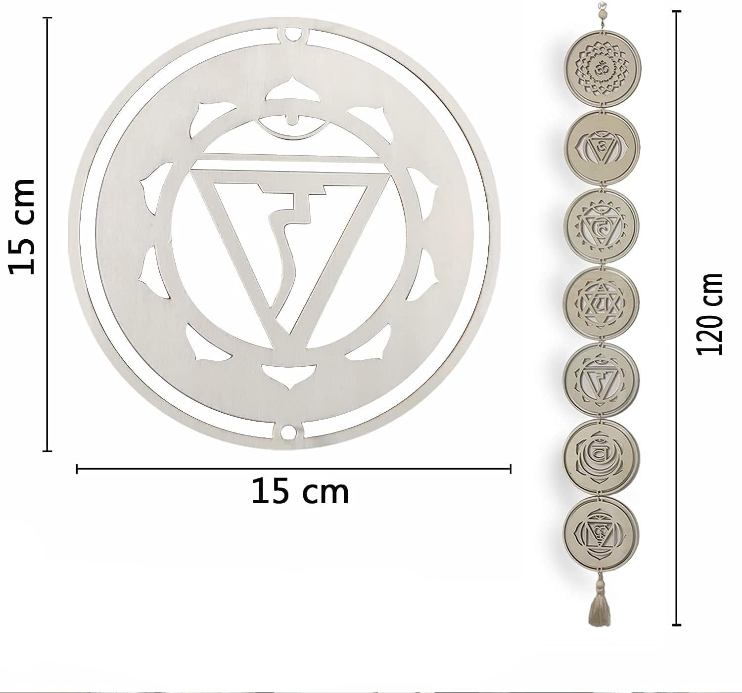 Decorative wall art with chakra symbols and measurements on a white background