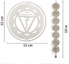 Decorative wall art with chakra symbols and measurements on a white background