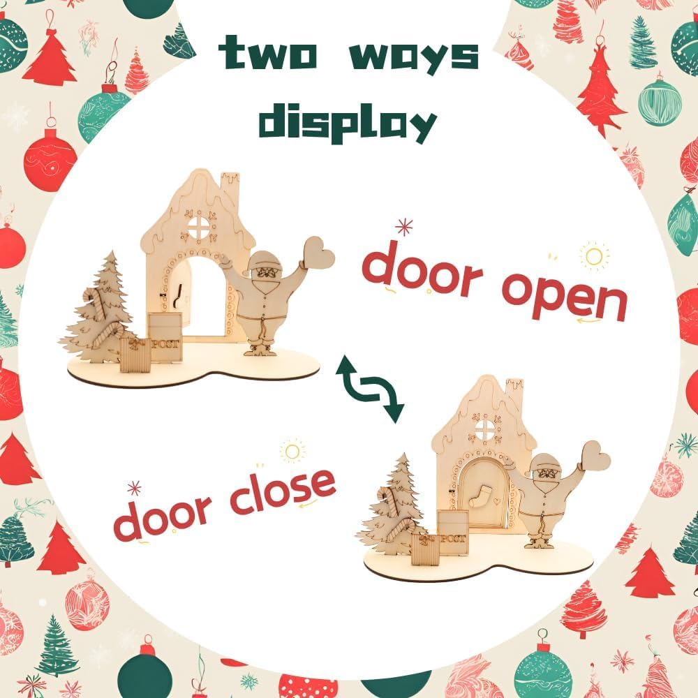 Wooden Christmas display with two configurations labeled 'door open' and 'door close' on a festive background.