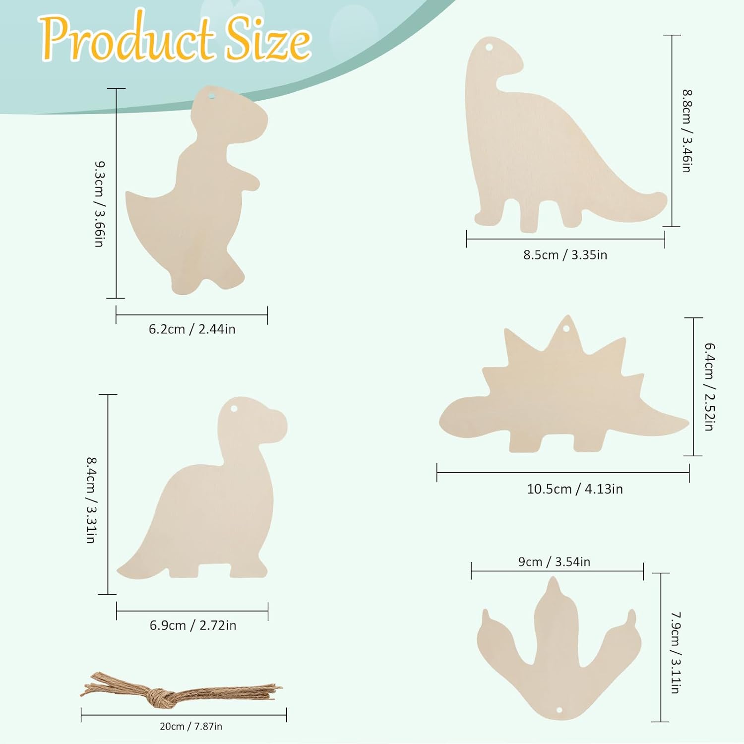 Measurement chart of various dinosaur-shaped cutouts with dimensions.