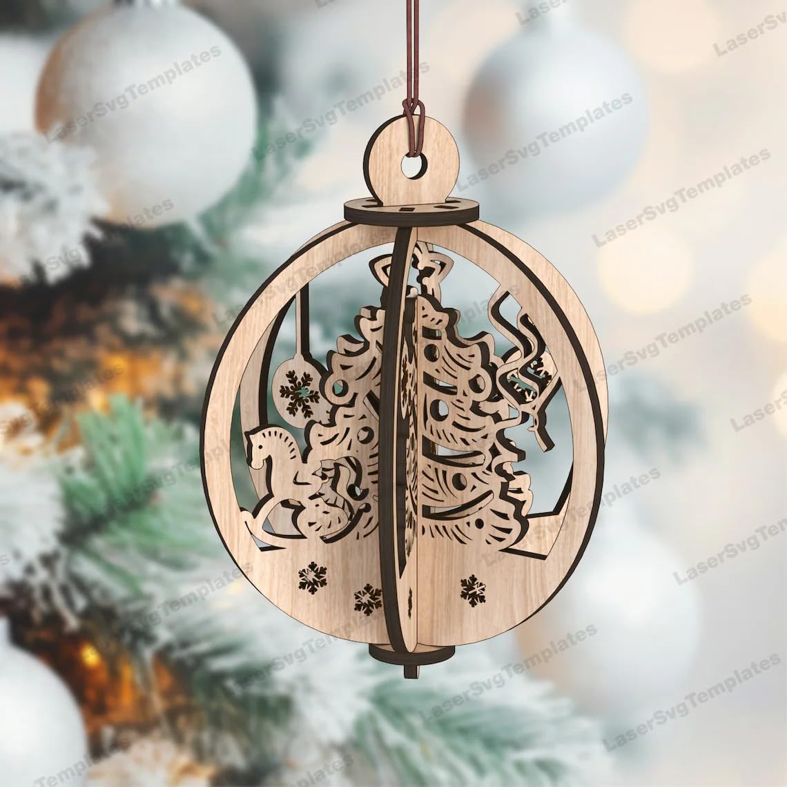 Wooden Christmas ornament with horse and floral design on a blurred Christmas tree background