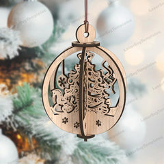 Wooden Christmas ornament with horse and floral design on a blurred Christmas tree background