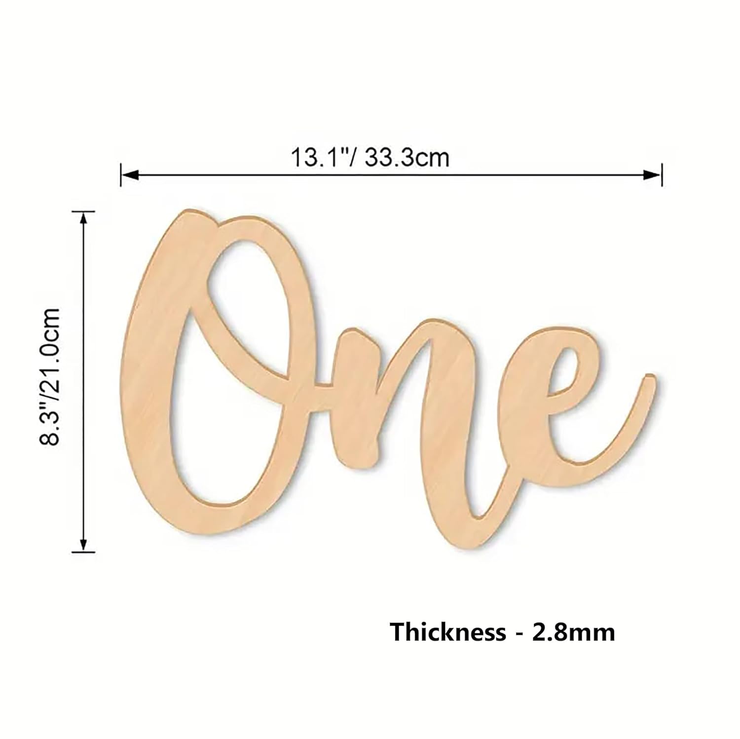 Wooden number 'One' with measurements on a white background