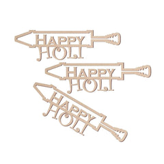 Three wooden decorative signs with 'Happy Holi' text on a white background