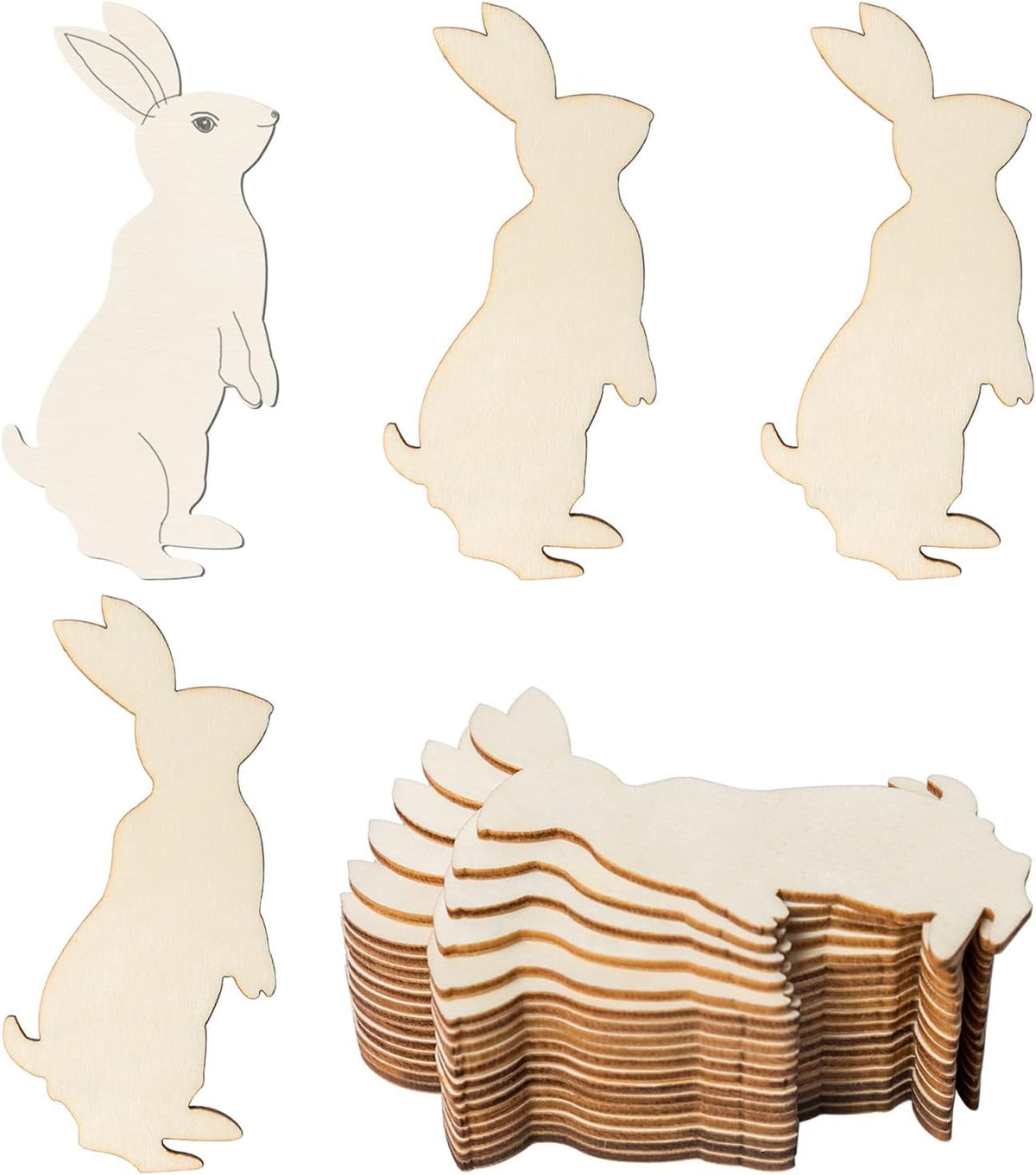 Set of wooden rabbit shapes with a stack of additional pieces on a white background