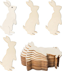 Set of wooden rabbit shapes with a stack of additional pieces on a white background