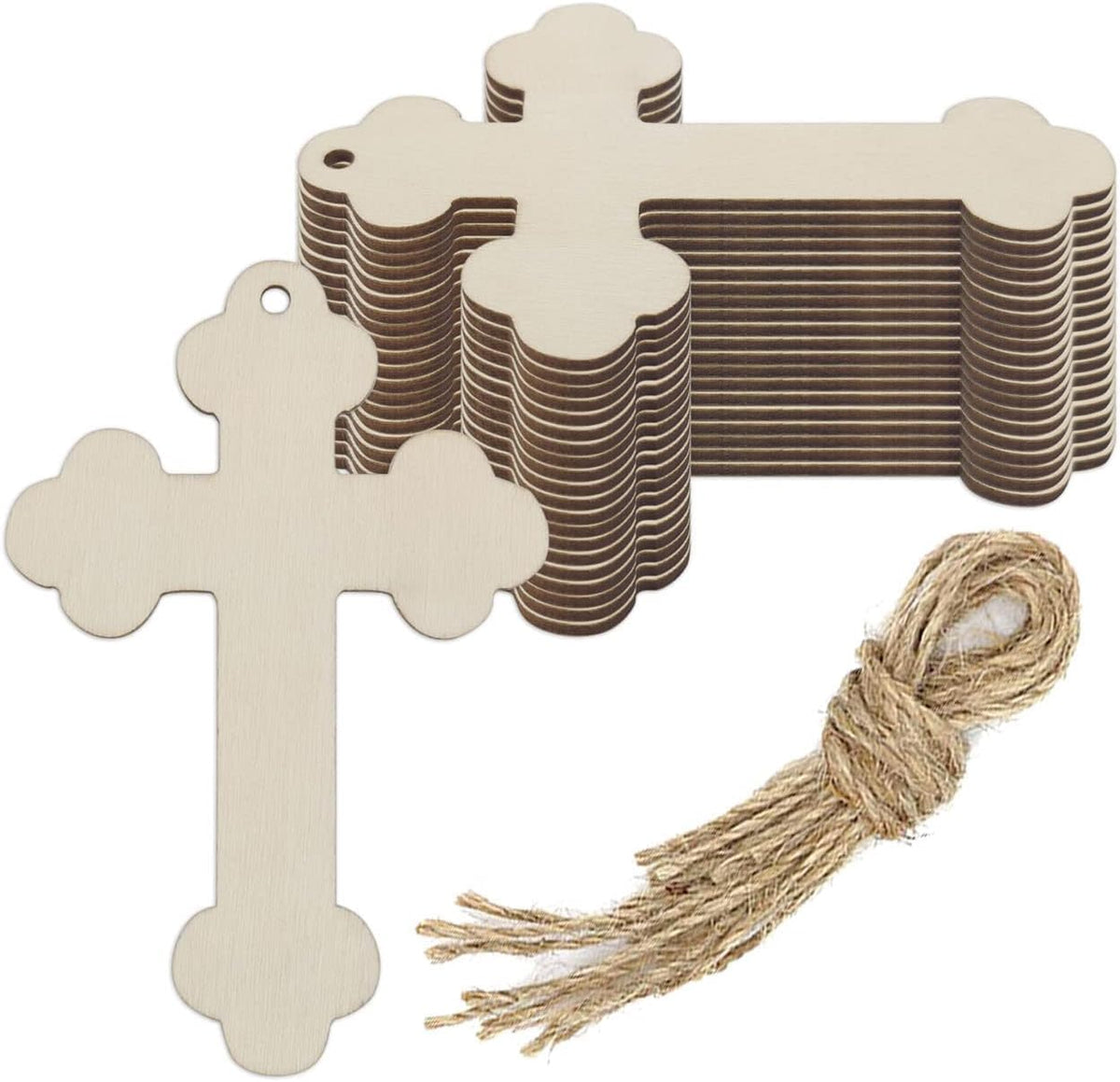 Set of cardboard crosses with twine on a white background