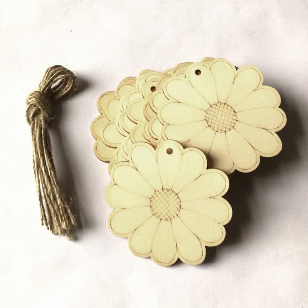 Wooden flower-shaped tags with string on a white background