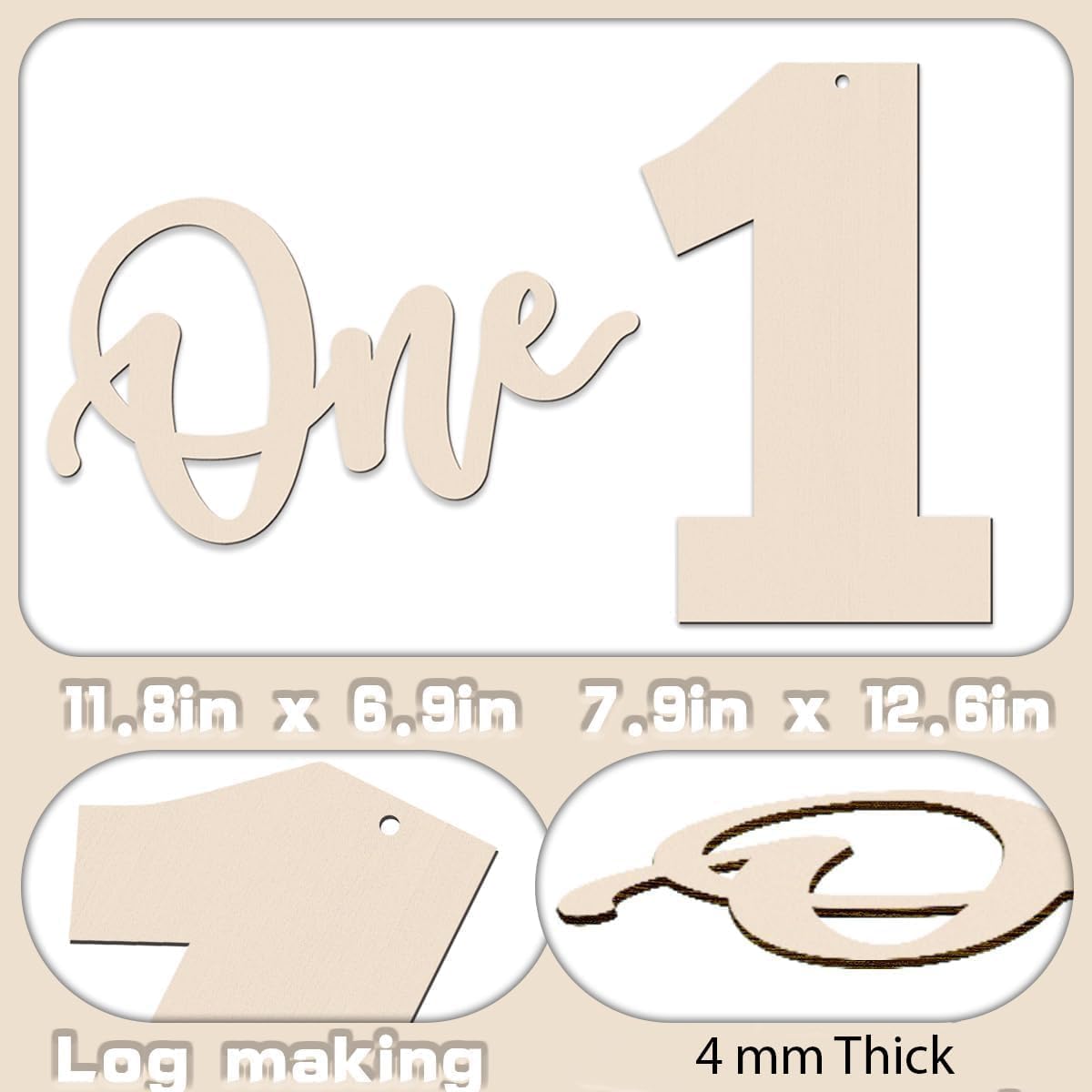 Wooden number 'One' with additional letters on a beige background