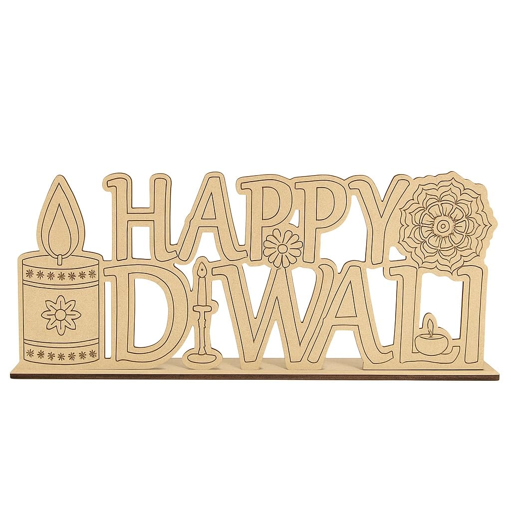 American Elm Diwali Wooden Sign Festive Decor with Happy Diwali Text Pine MDF for Home & Classroom Decorations.