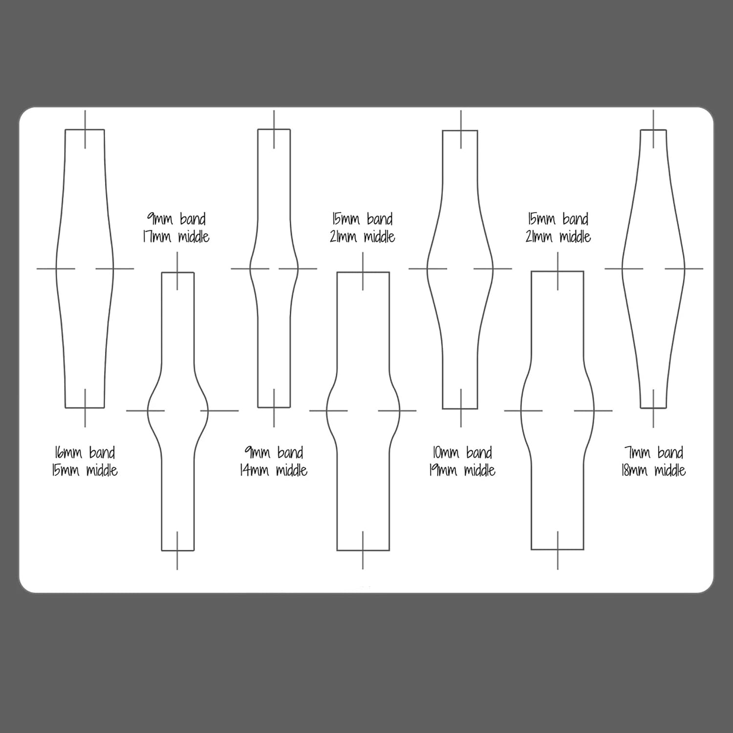 Technical drawing of various leg designs with labeled bands and middle sections on a gray background.