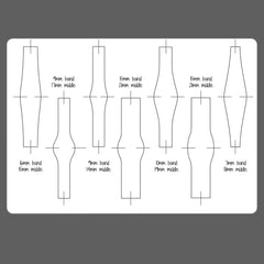 Technical drawing of various leg designs with labeled bands and middle sections on a gray background.