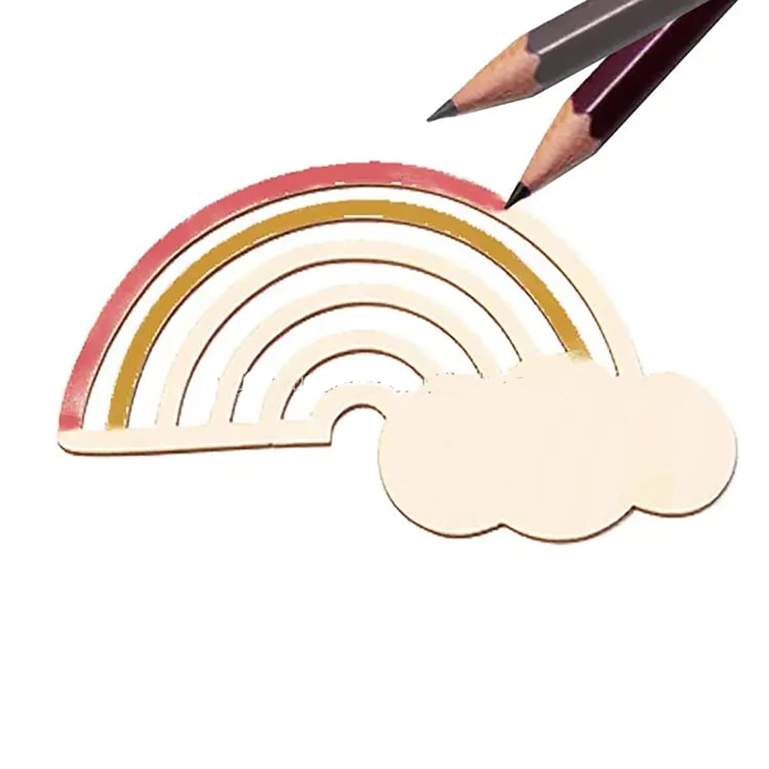 Wooden rainbow and cloud decoration with two pencils on a white background
