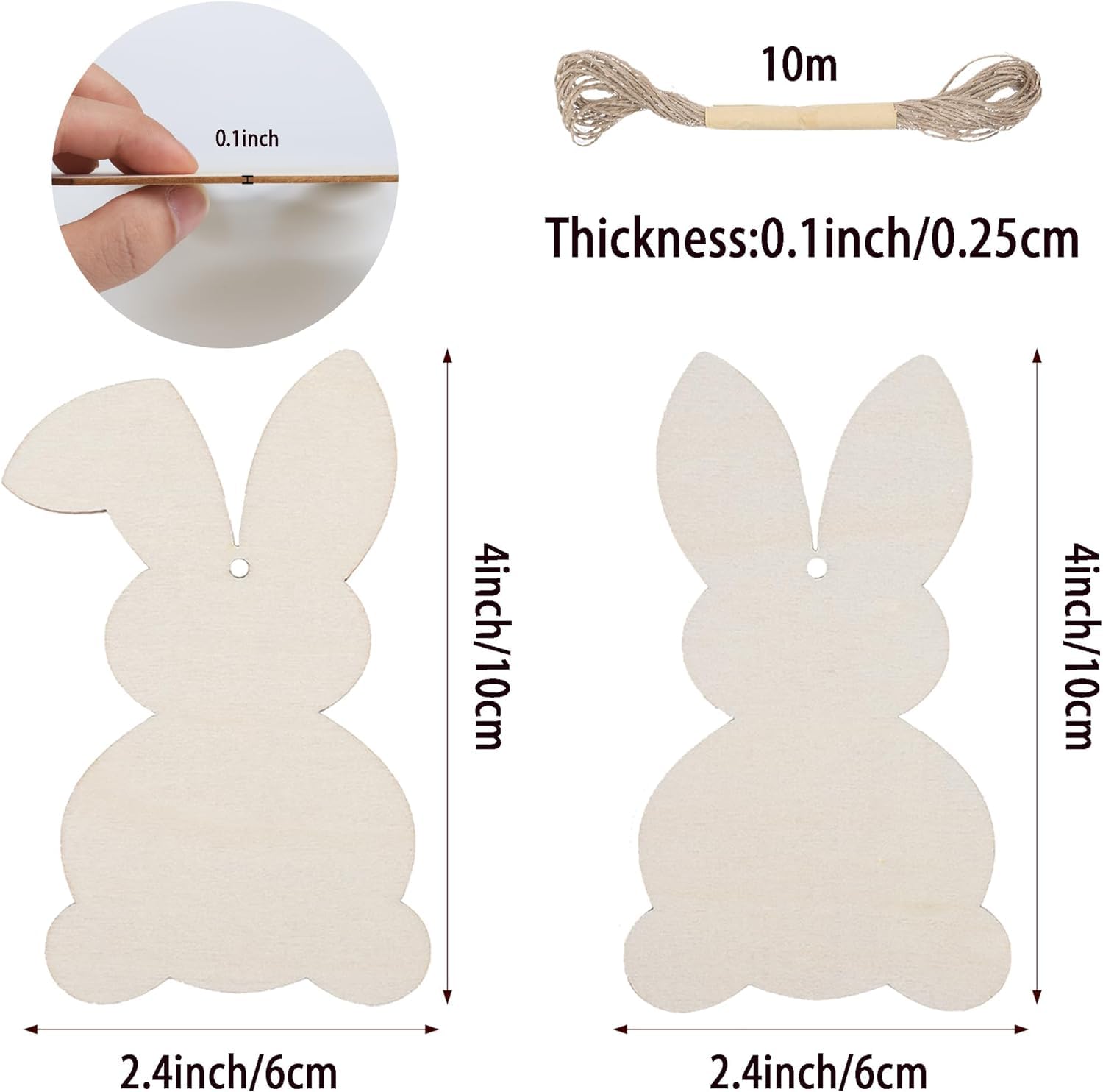 Measurement chart of a rabbit-shaped item with dimensions and thickness details.