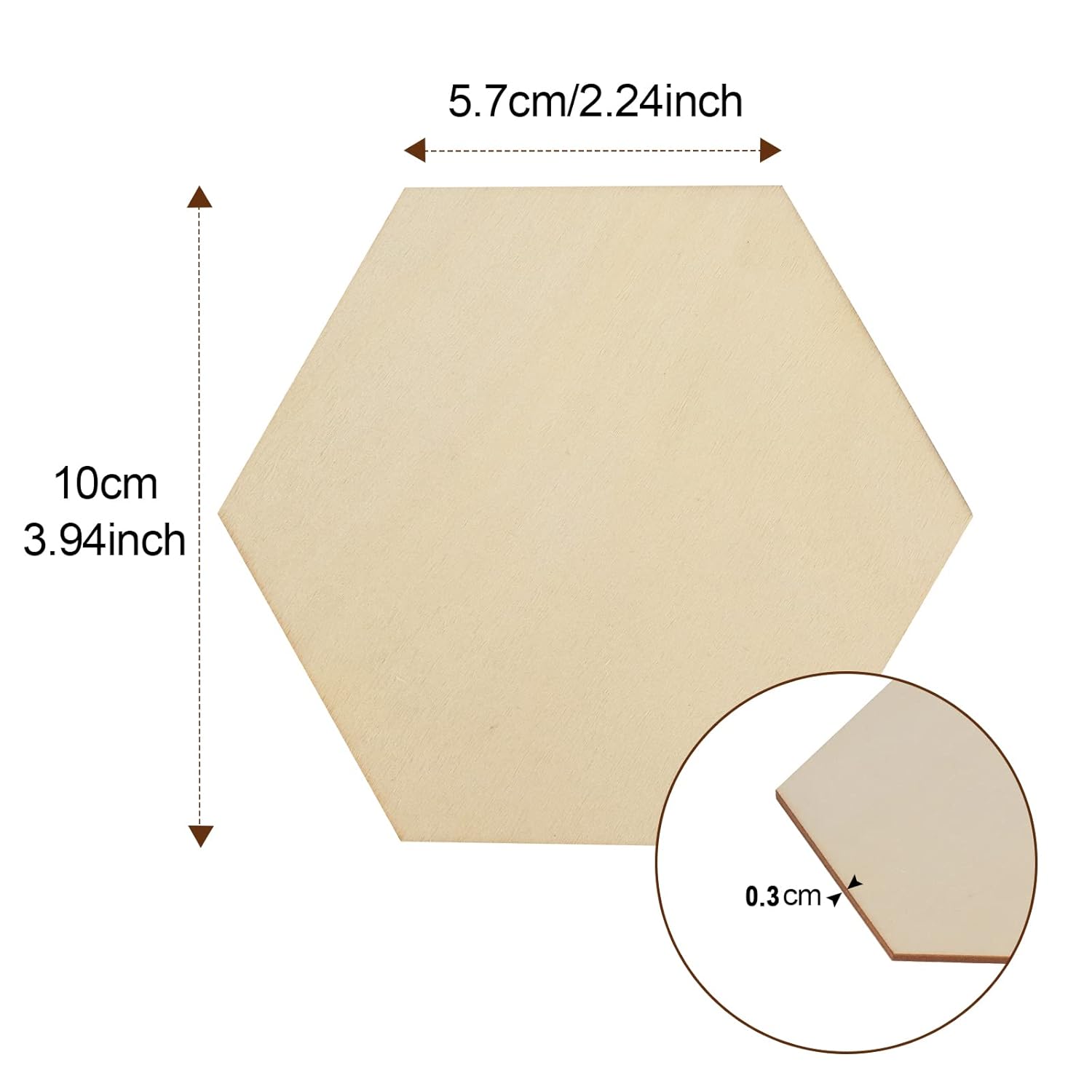 Hexagonal wooden tile with dimensions labeled on a white background