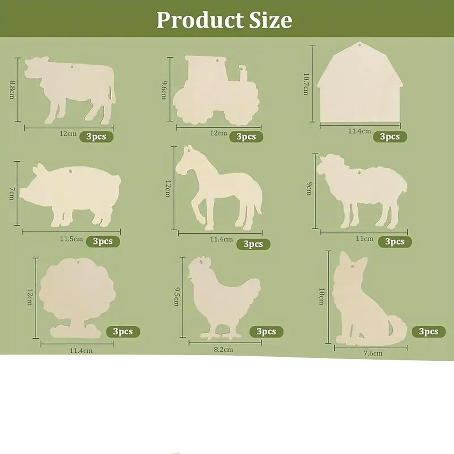 Product size chart with wooden animal cutouts and their dimensions on a green background