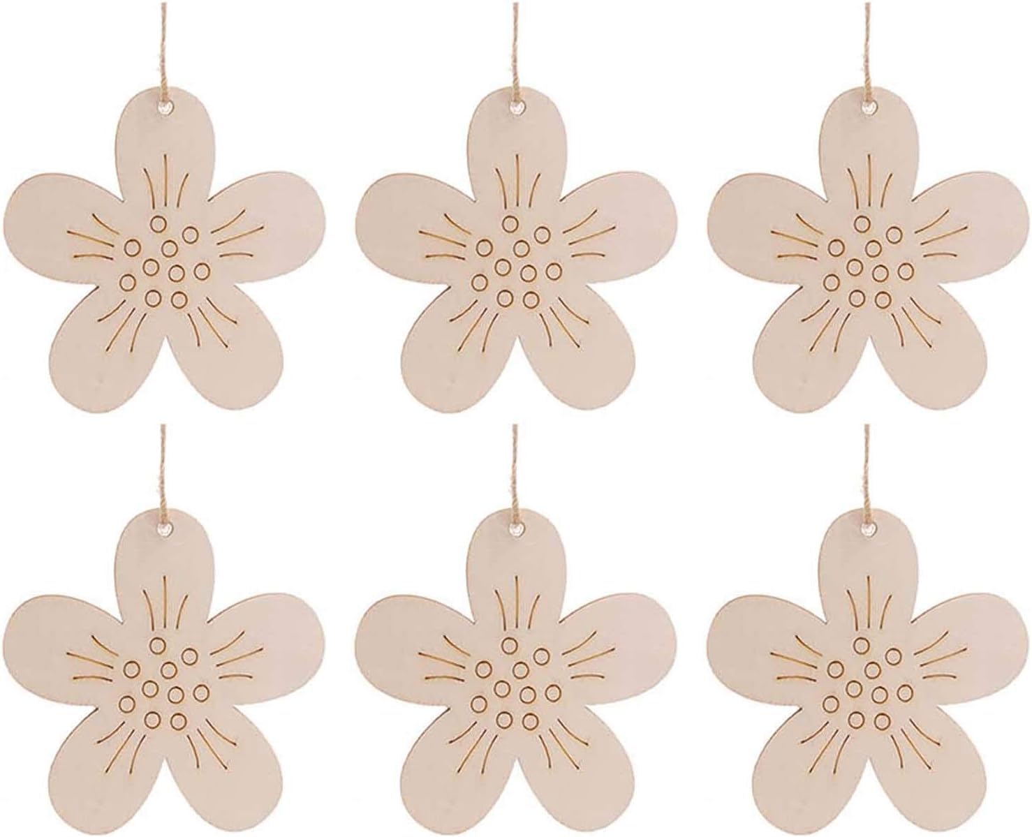 Set of six wooden flower-shaped ornaments with string loops on a white background