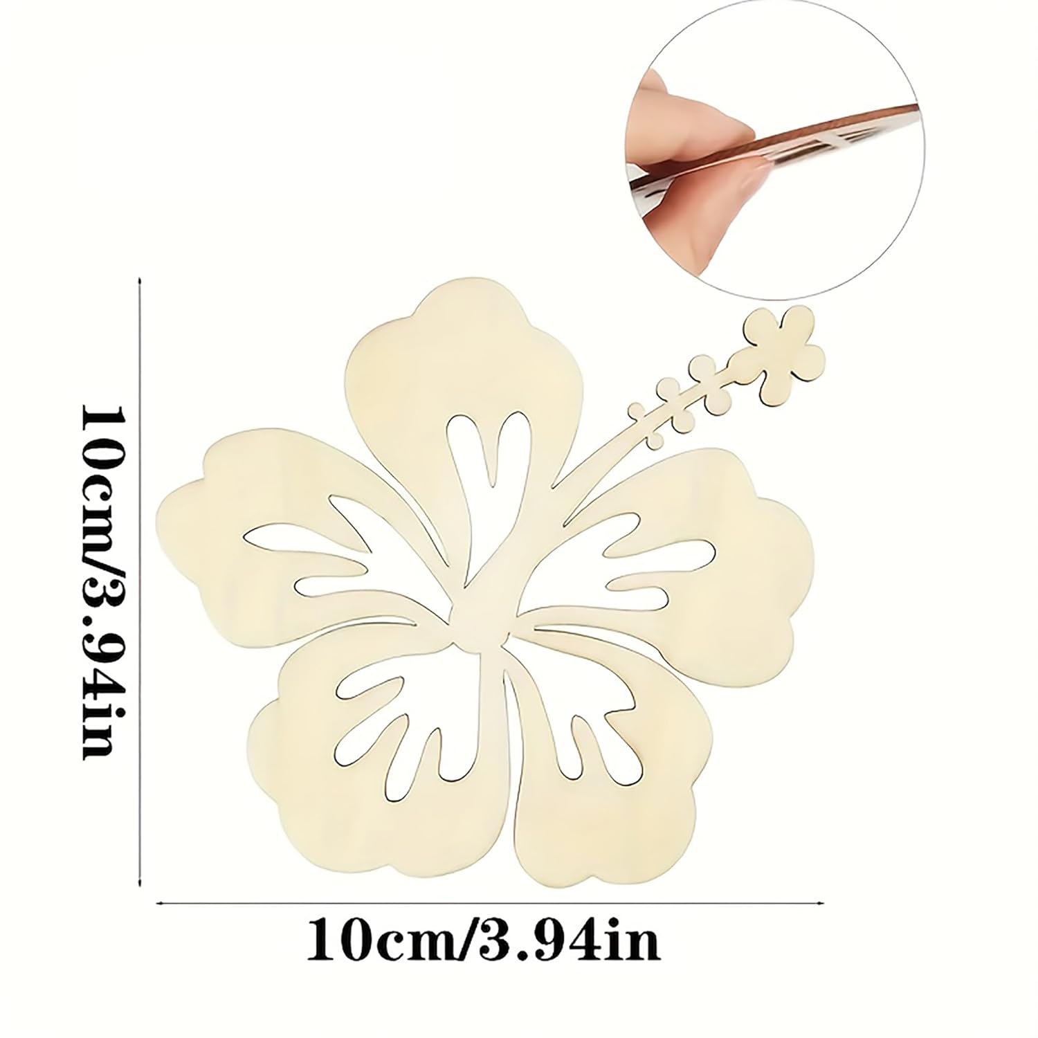 Floral-shaped wooden cutout with measurements and a hand holding it.