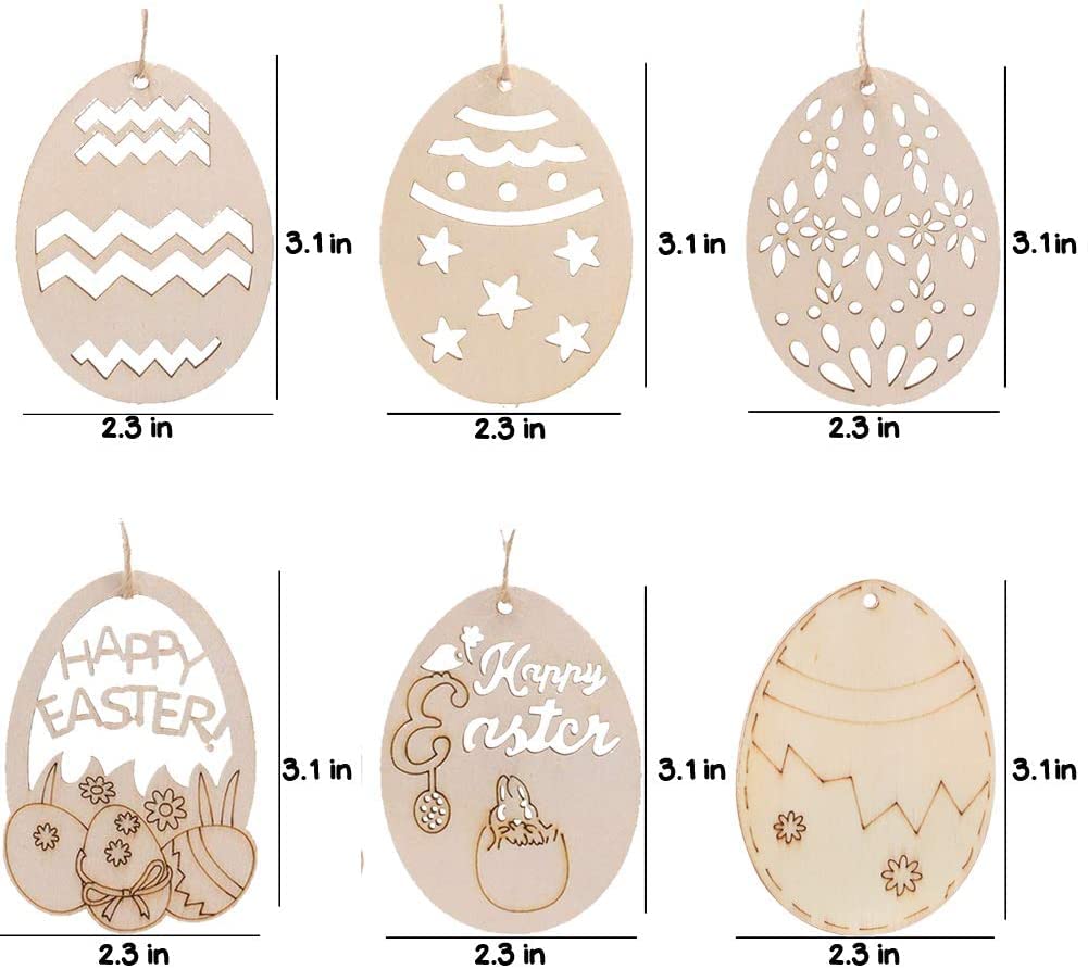 Set of wooden Easter egg ornaments with cut-out patterns and 'Happy Easter' text, shown with measurements.