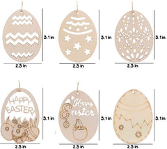 Set of wooden Easter egg ornaments with cut-out patterns and 'Happy Easter' text, shown with measurements.