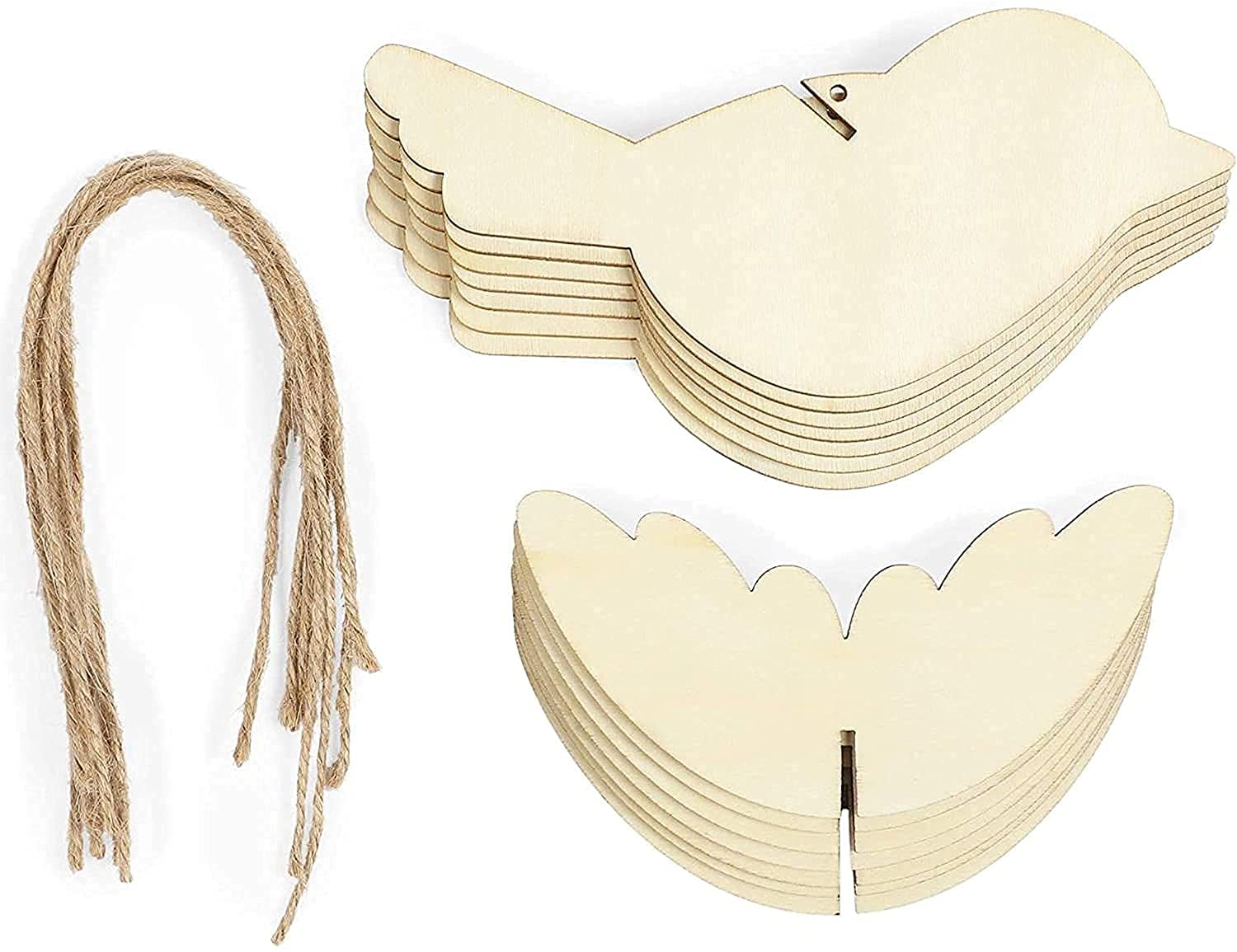 Wooden bird-shaped cutouts with string on a white background
