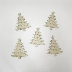 Four Christmas tree-shaped decorations with lights and stars on a light gray background