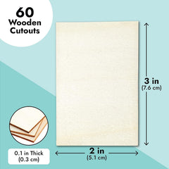 Packaging of 60 wooden cutouts with dimensions and thickness details on a blue background