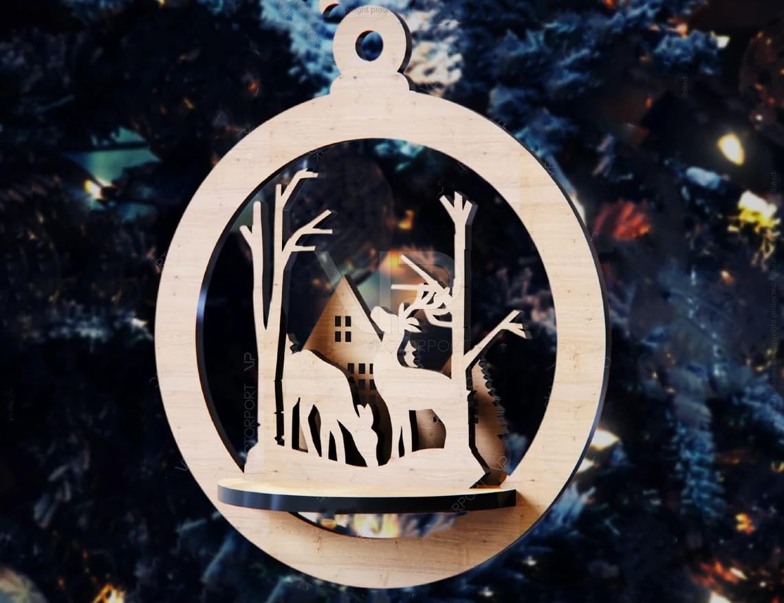 Wooden ornament with deer and cabin design against a blurred forest background