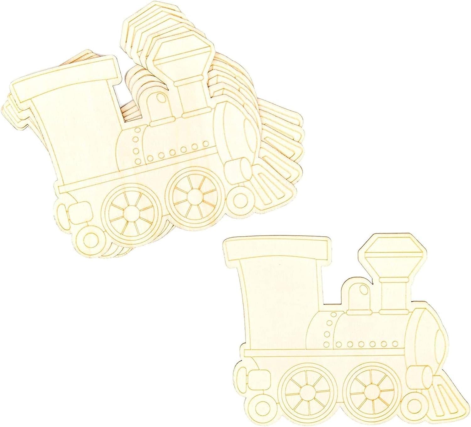Wooden toy train cutouts on a white background