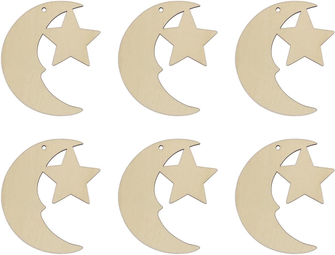 Set of six wooden moon and star shapes on a white background