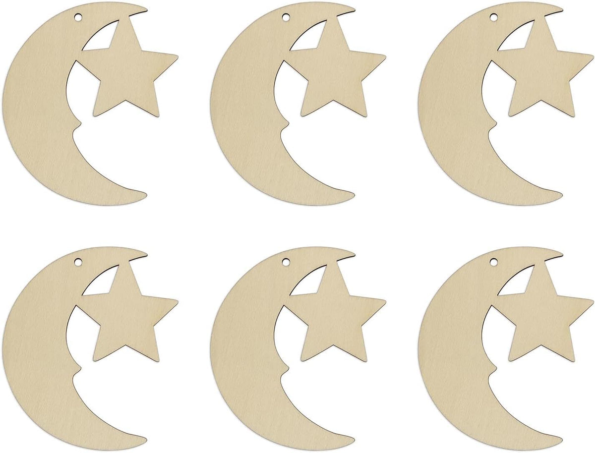 Set of six wooden moon and star shapes on a white background