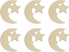 Set of six wooden moon and star shapes on a white background