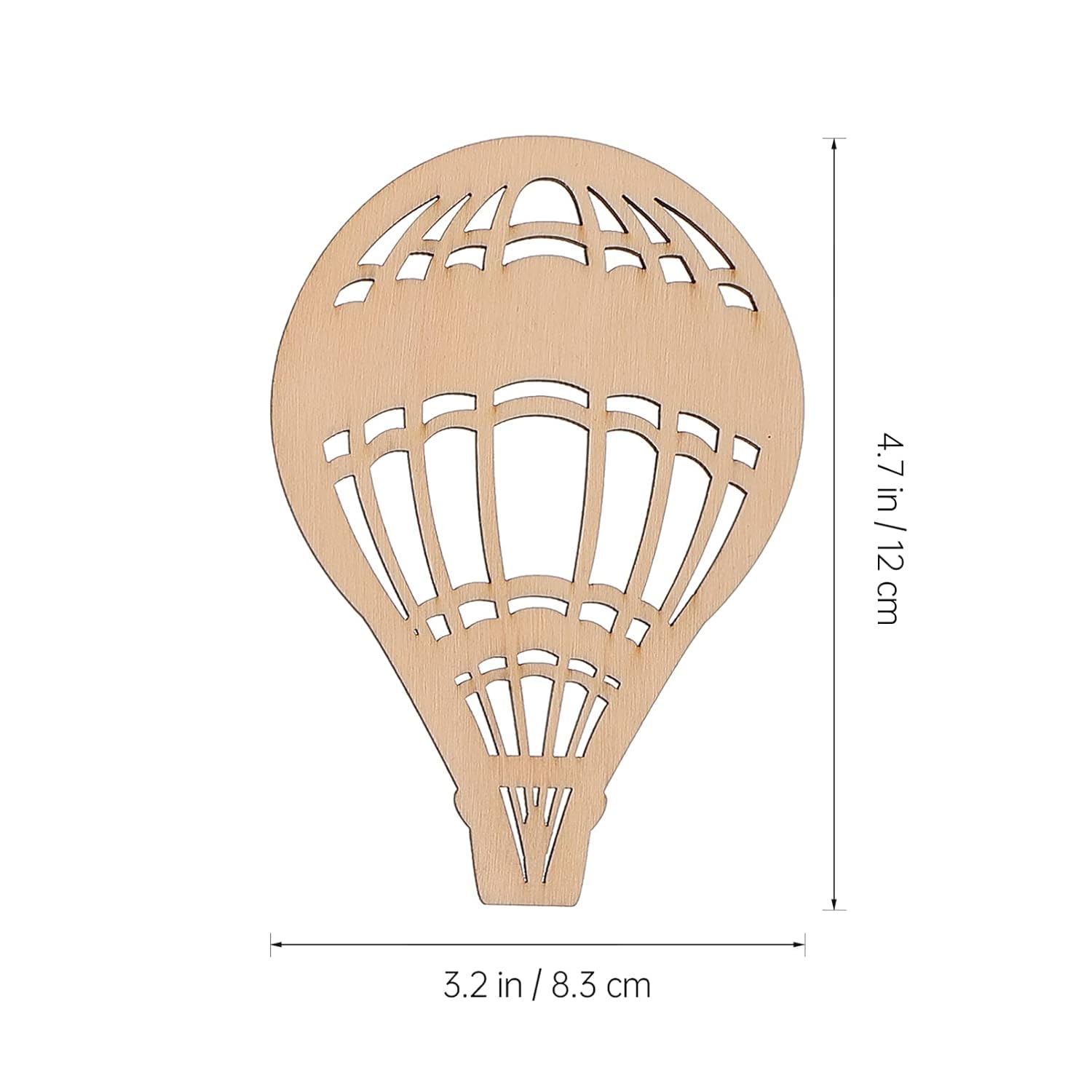 Wooden hot air balloon cutout with dimensions on a white background