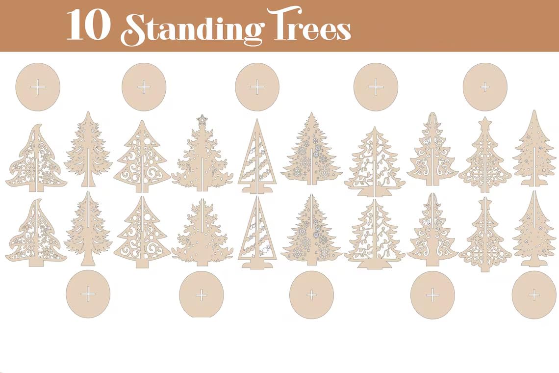 Set of 10 standing tree decorations on a white background with a brown banner at the top.