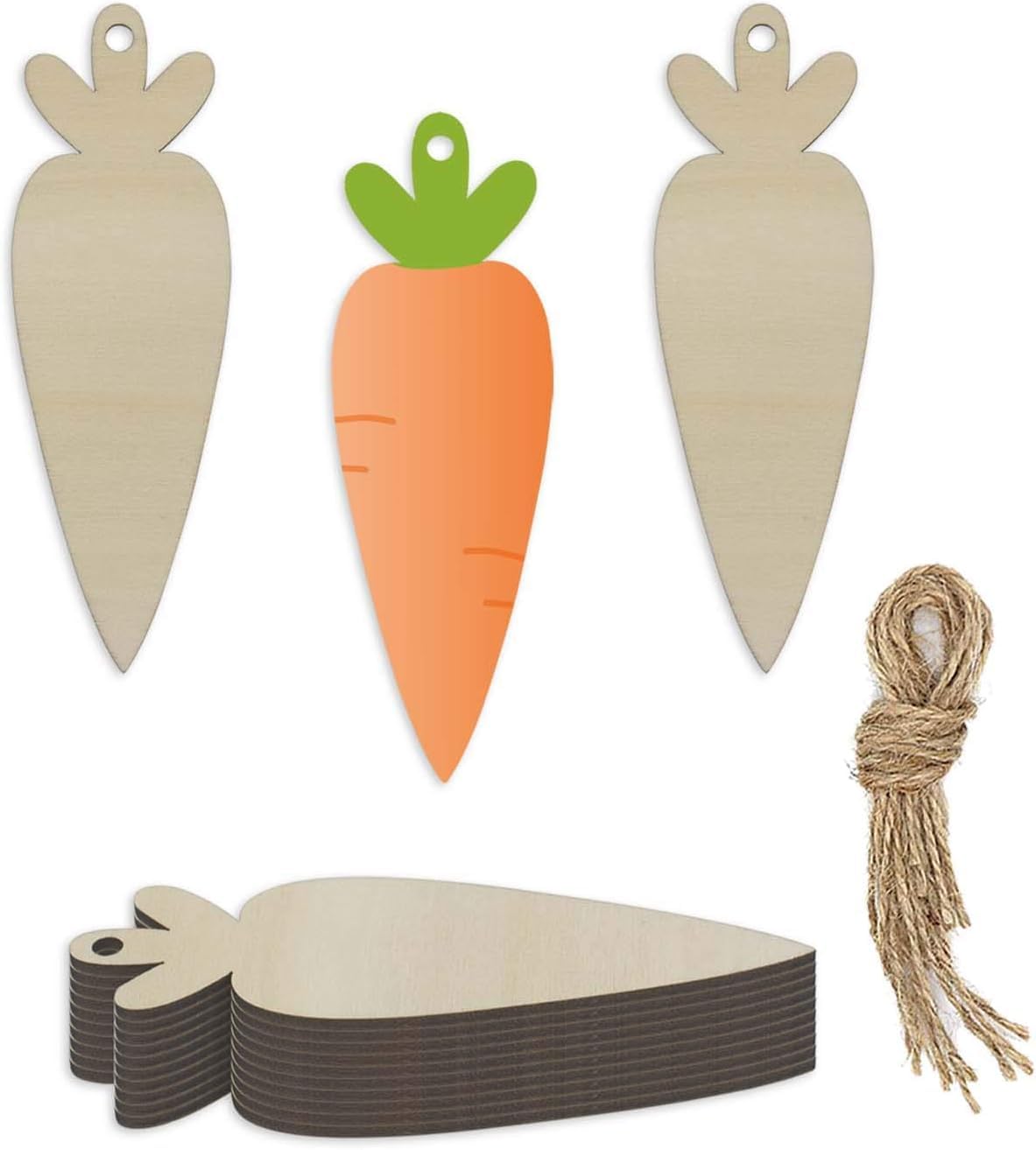 Carrot-shaped wooden tags with a green top and string on a white background