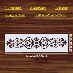 Decorative stencils with floral patterns on a wooden surface, featuring text about their properties.