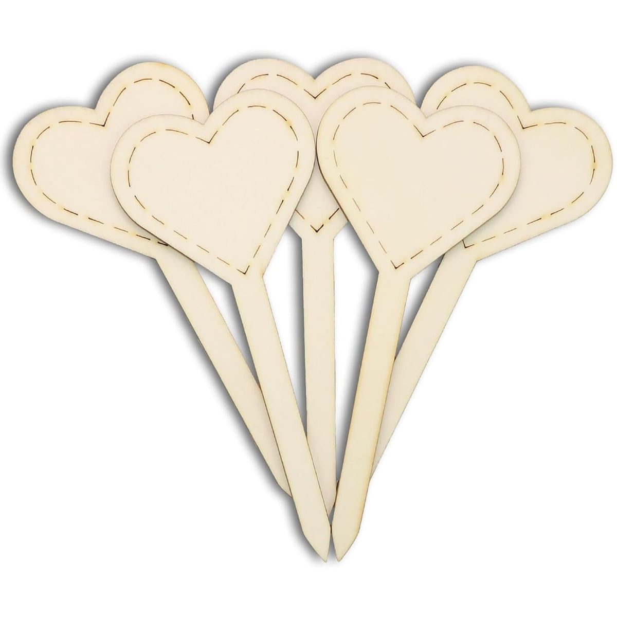 Set of heart-shaped wooden picks on a white background
