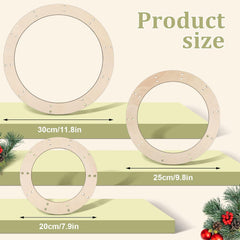 Three wooden circular frames with measurements on a green background