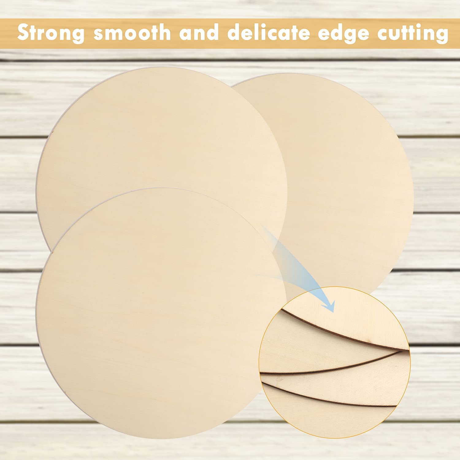 Round beige objects with a close-up of their edge on a wooden background, labeled 'Strong smooth and delicate edge cutting'.