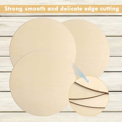 Round beige objects with a close-up of their edge on a wooden background, labeled 'Strong smooth and delicate edge cutting'.