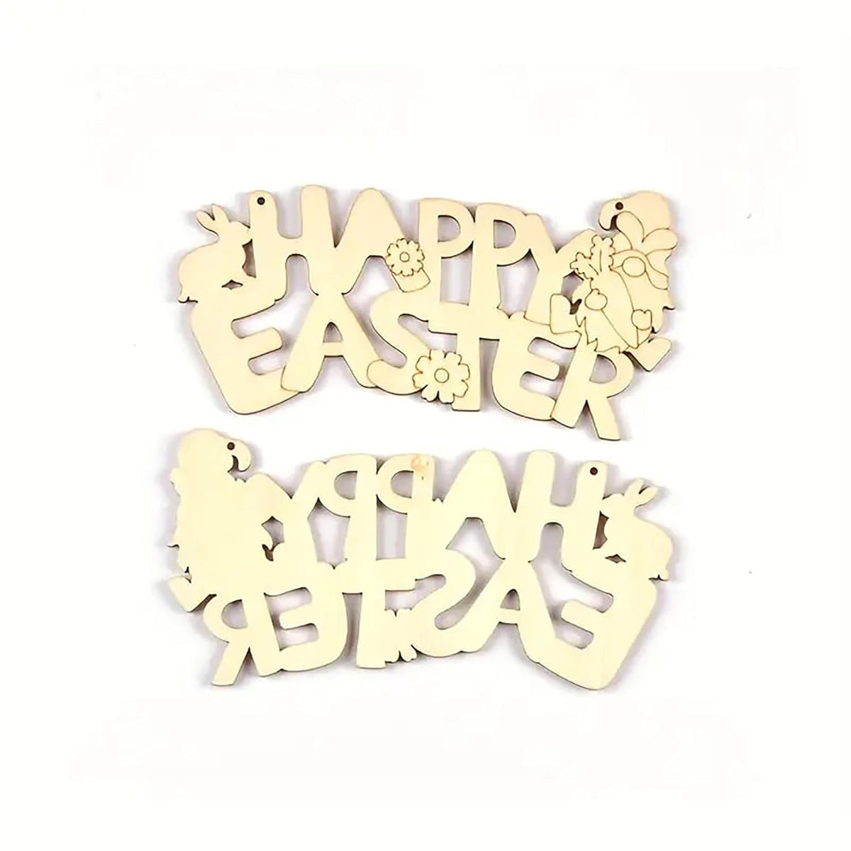 Two wooden 'Happy Easter' decorations on a white background