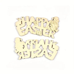 Two wooden 'Happy Easter' decorations on a white background