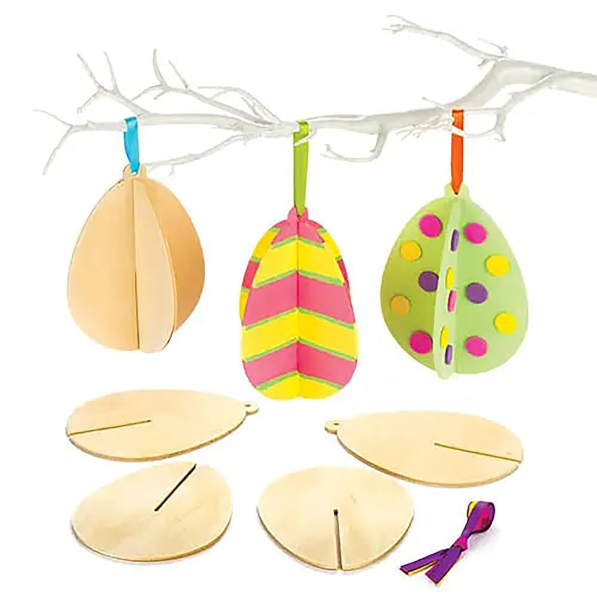 Colorful paper Easter egg decorations hanging on a string against a white background