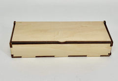 Wooden box with a hinged lid on a white background