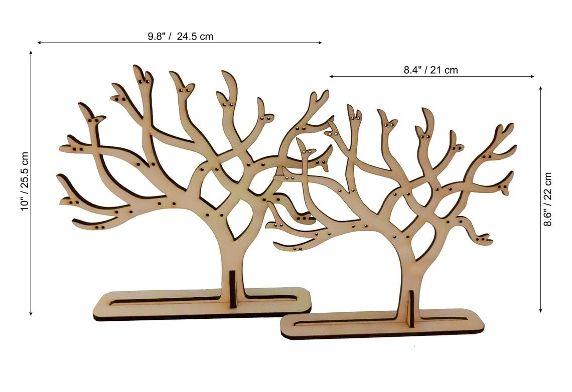 Wooden tree-shaped jewelry stands with measurements on a white background