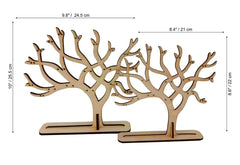 Wooden tree-shaped jewelry stands with measurements on a white background