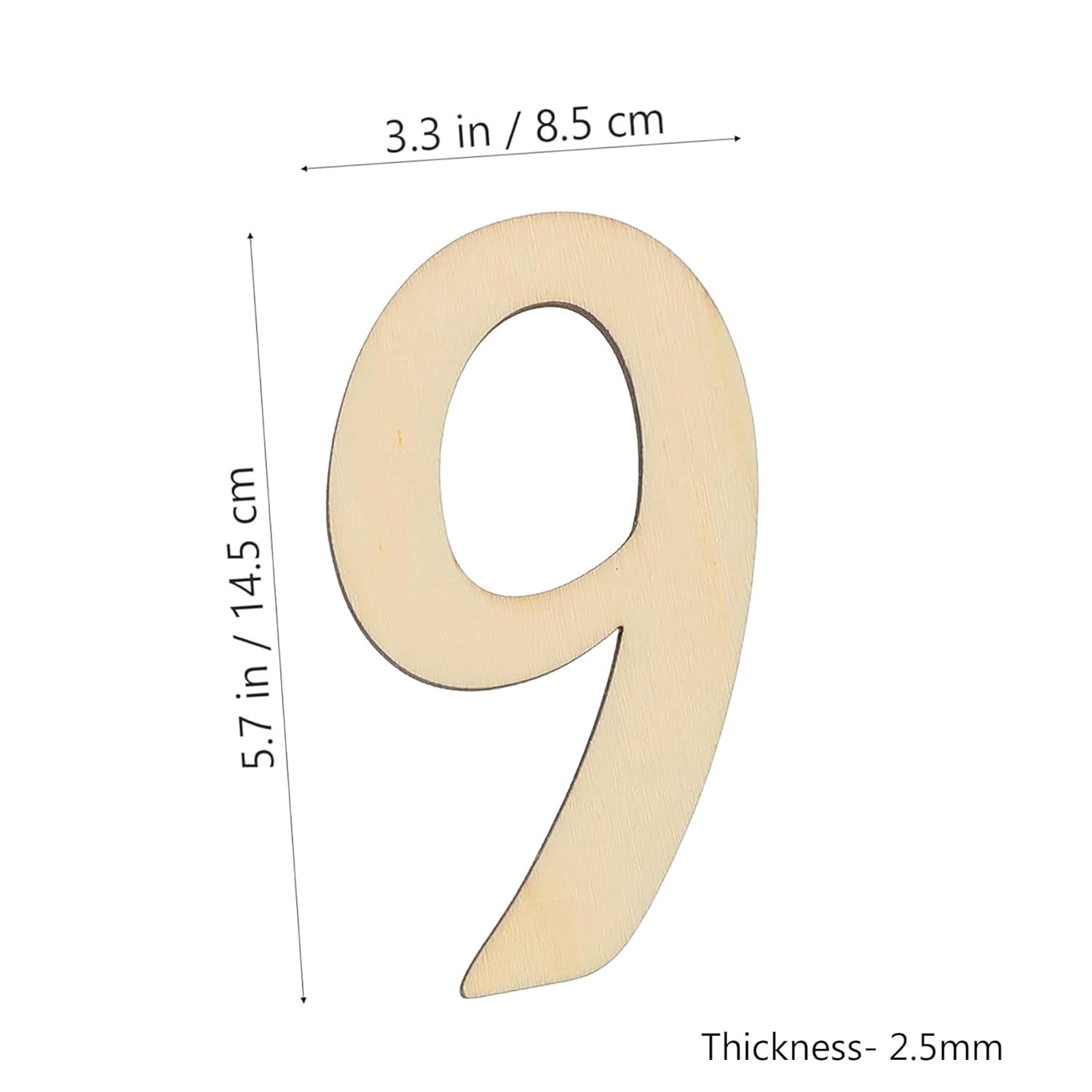 Measurement chart of a wooden number '9' with dimensions on a white background