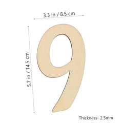Measurement chart of a wooden number '9' with dimensions on a white background