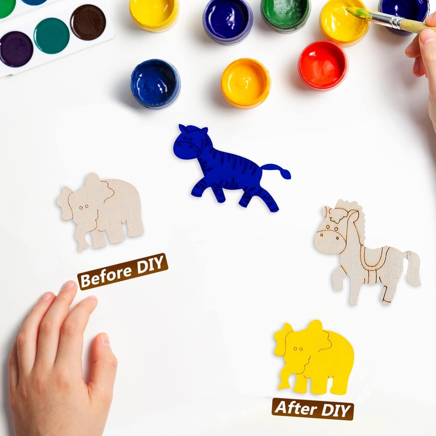 Children's craft activity with animal-shaped cutouts and paint supplies on a white background.